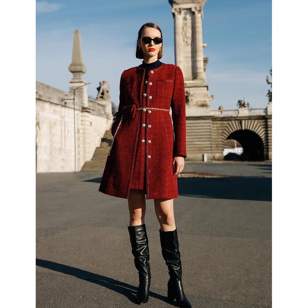 GOELIA Red Tweed Button Front Mini Coat Dress Belted US 6 EU 38 Medium